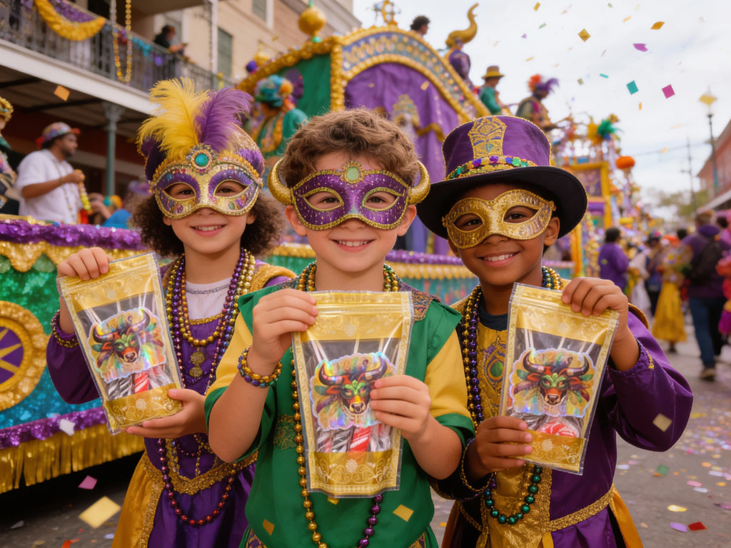 MARDI GRAS STICKER & CANDY BAG