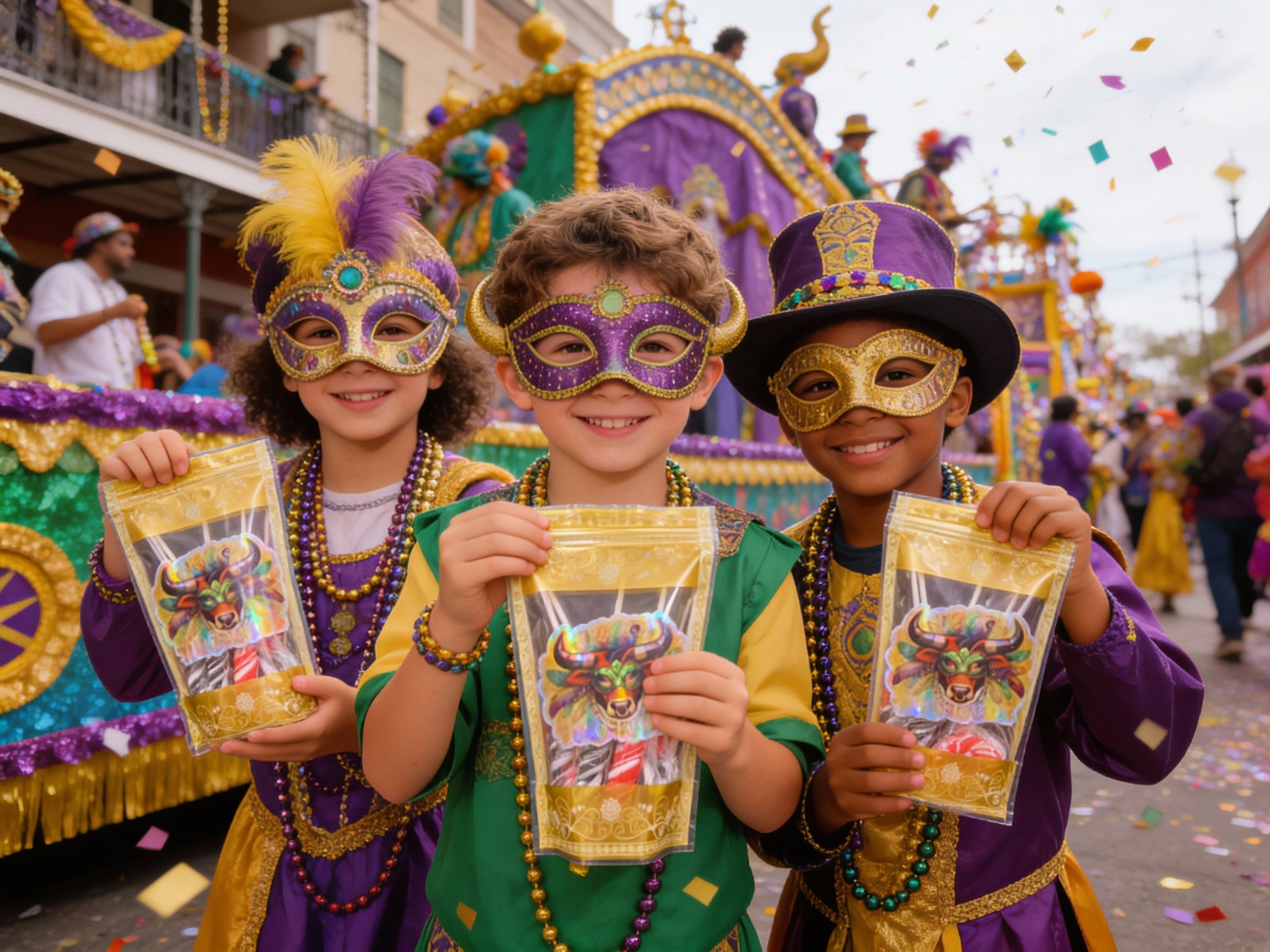 MARDI GRAS STICKER & CANDY BAG