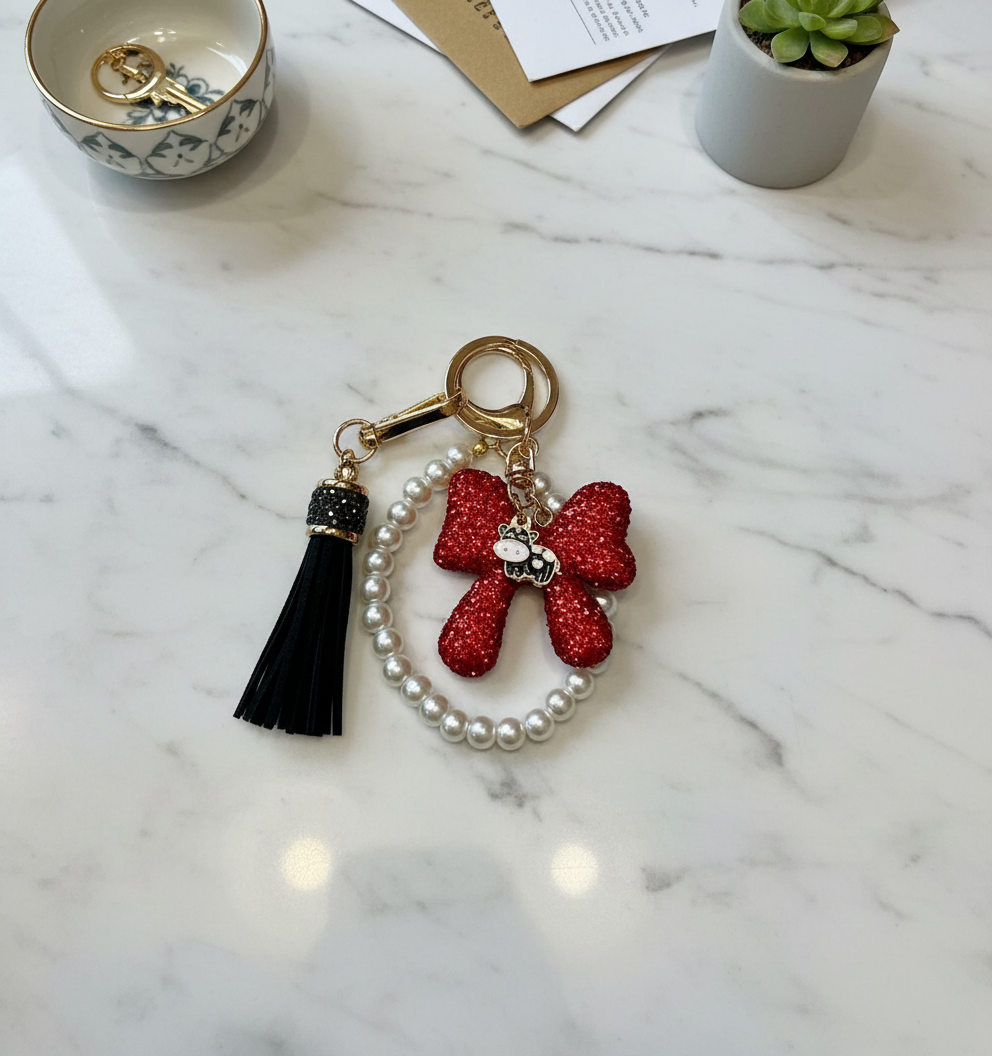 RHINESTONE BOW WITH PEARLS & BLACK TASSEL