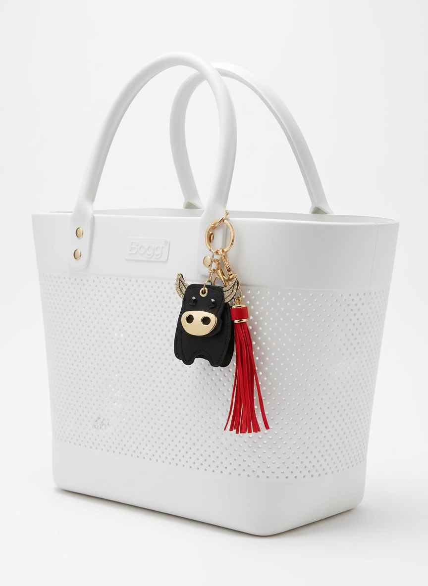 LEATHER LOOK BULL KEYCHAIN W/ TASSEL ACCENT