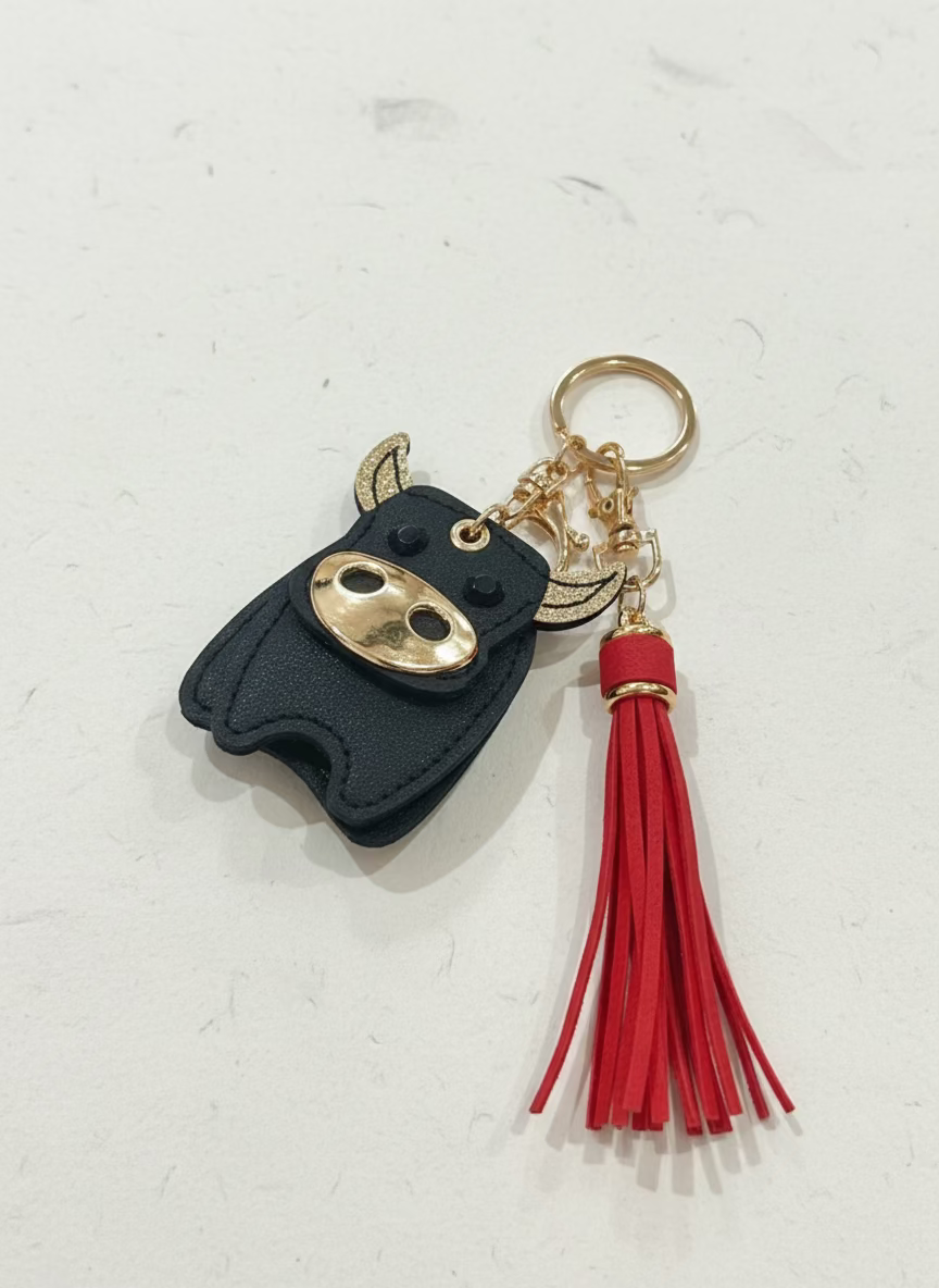 LEATHER LOOK BULL KEYCHAIN W/ TASSEL ACCENT