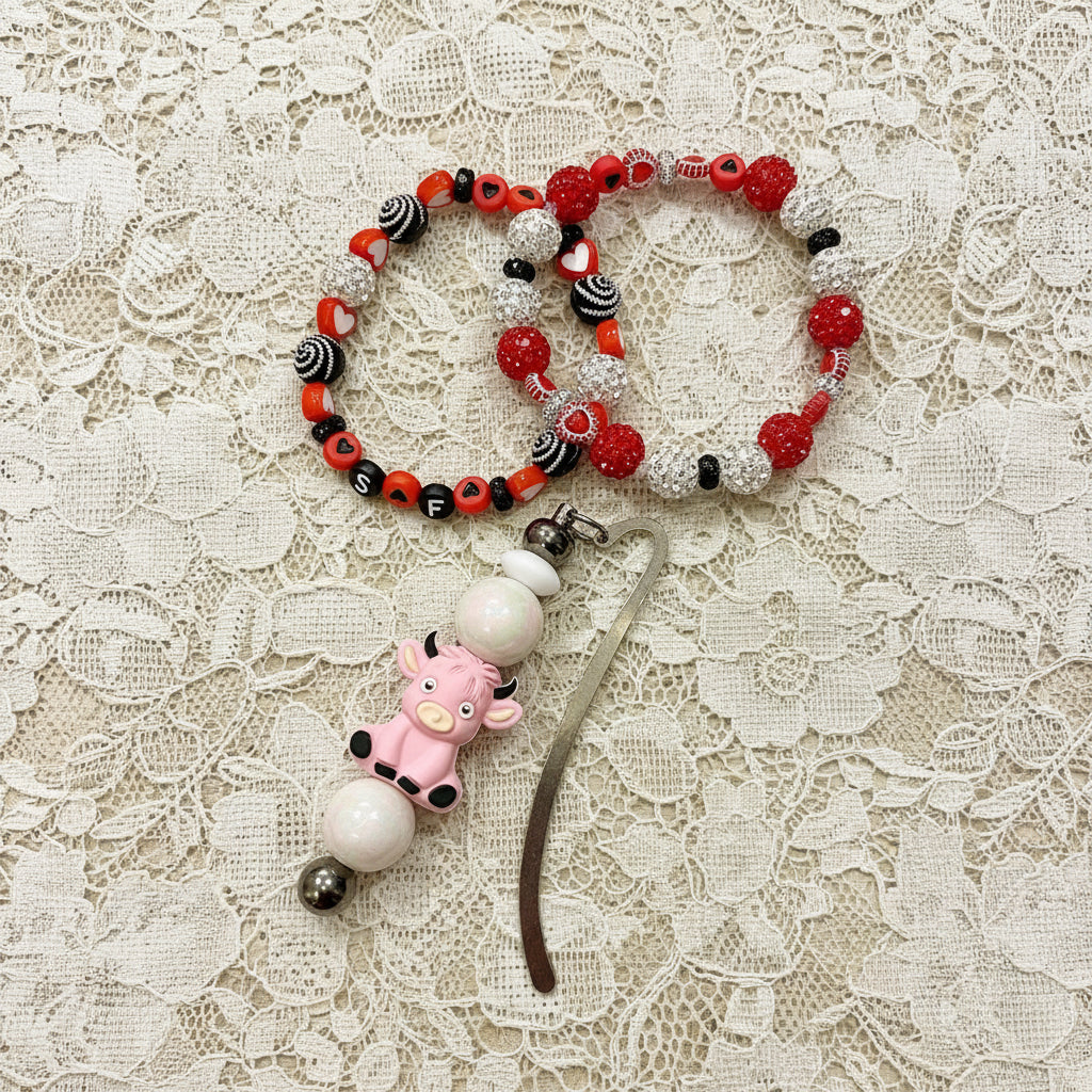 HEART BEAD BRACELET SET OF (2) WITH BULL BOOKMARK
