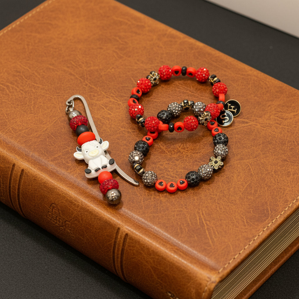 HEART BEAD BRACELET SET OF (2) WITH BULL BOOKMARK