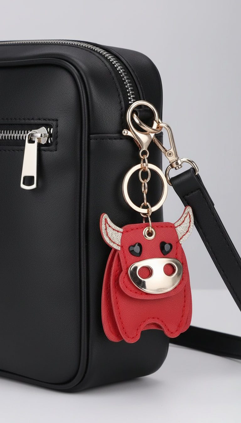 LEATHER LOOK BULL KEYCHAIN W/ TASSEL ACCENT